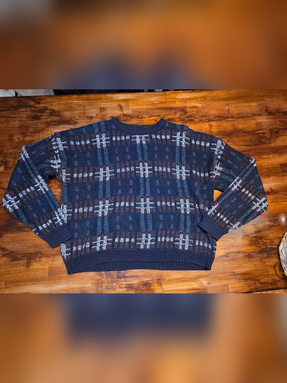 Vintage Men's XL 100% Acrylic Knit crew Neck Pullover Rue 21 Navy Blue Jacquard